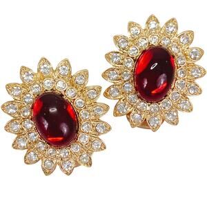 Vintage Arnold Scaasi Moghul Jewels Clip-On Earrings Signed Floral Red Cabochon
